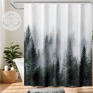 Dark Green Misty Forest Shower Curtain for Bathroom, Nature Woodland Curtain